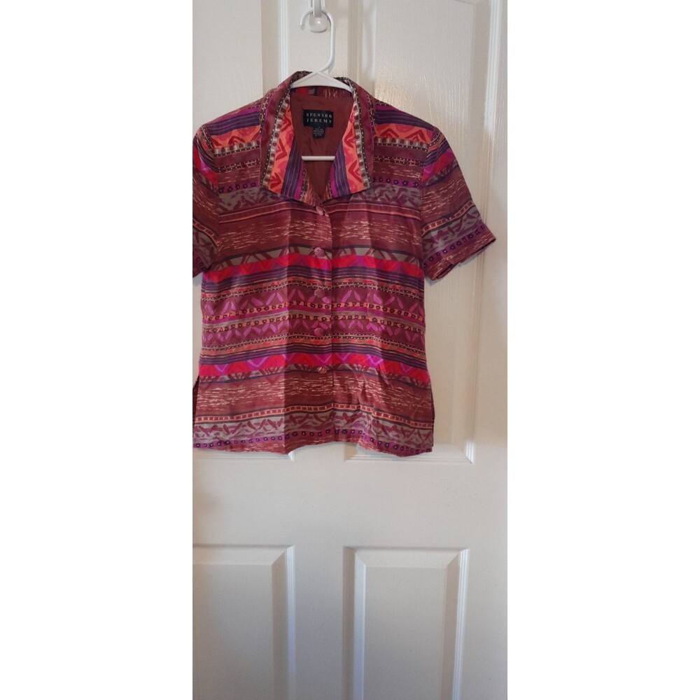 Vintage Aztec Design Silk Button Down Blouse. Size 6. B63